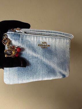 COACH Loved  Denim Zip Pouch Wrislet with Gold Logo charms. Authentic